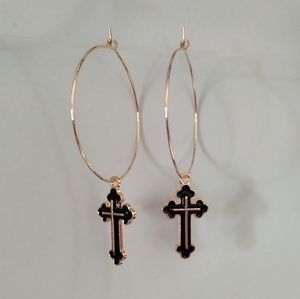 Handmade Black Cross Charm Dangle Hoop Earrings Gold Plated Religious